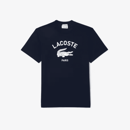 Lacoste - T-Shirt Coton Imprimé Signature Bleu Marine