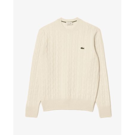 Lacoste - Pull torsadé en laine col rond Blanc Ecru